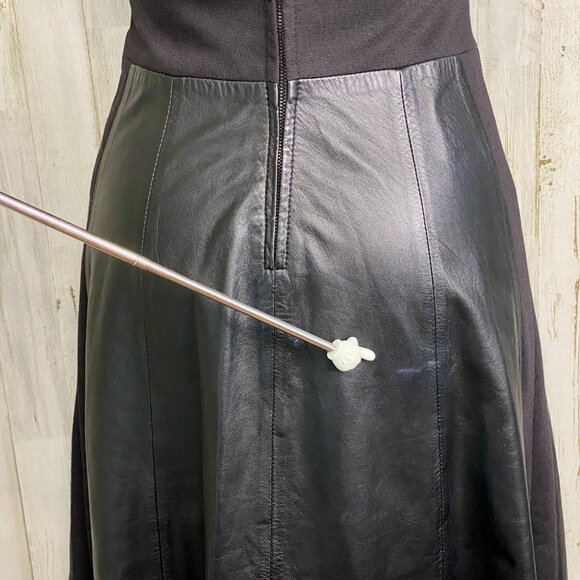 Etcetera Black Leather V-Neck Sleeveless Ponte Knit A Line Short Dress Size 4 - Picture 9 of 11